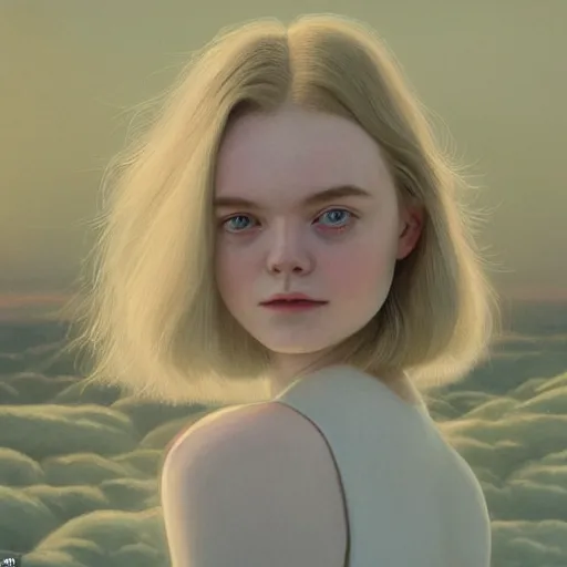 Image similar to Elle Fanning in a field in the world of Adam Wyeth, head and shoulders portrait, stormy weather, extremely detailed masterpiece, oil on canvas, low-key neon lighting, artstation, Blade Runner 2049, Roger Deakin’s cinematography, by J. C. Leyendecker and Peter Paul Rubens and Edward Hopper and Michael Sowa,