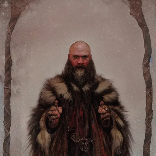 Image similar to portrait of bald, elderly Slavic Viking priest wearing thick furs and standing tall in the blizzard, with fading tattoos covering every inch of exposed skin, portrait by Anato Finnstark, Alphonse Mucha, and Greg Rutkowski