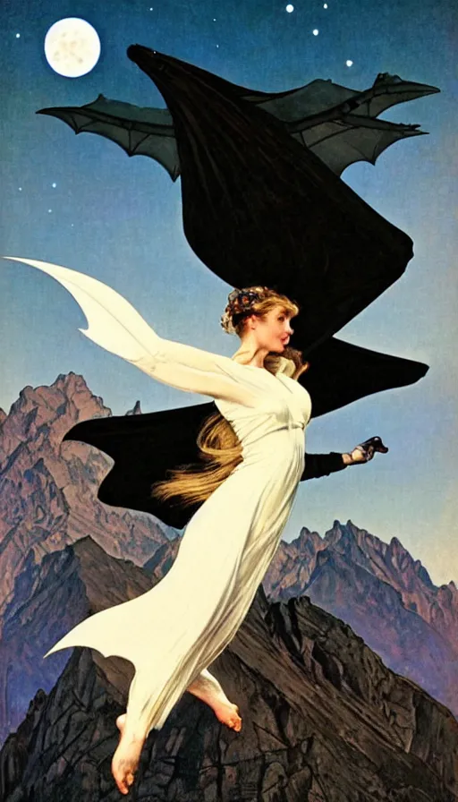 Image similar to hyper realistic white bat, flying against a dark black night sky, mountain in the background, moonlight, denoised, very detailed, painted by, alphonso mucha, norman rockwell, tom bagshaw