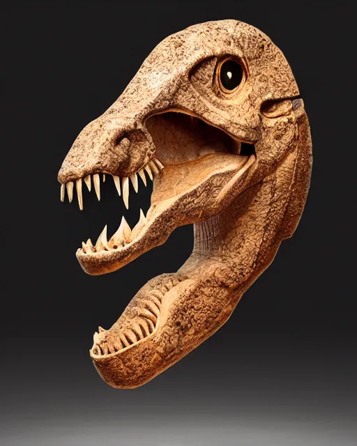 Image similar to hatching tyrannosaurus goddess idol, carved quartz, from the dinosaur civilization archeological dig, 65.5 Million years old, 4k photograph, museum lighting