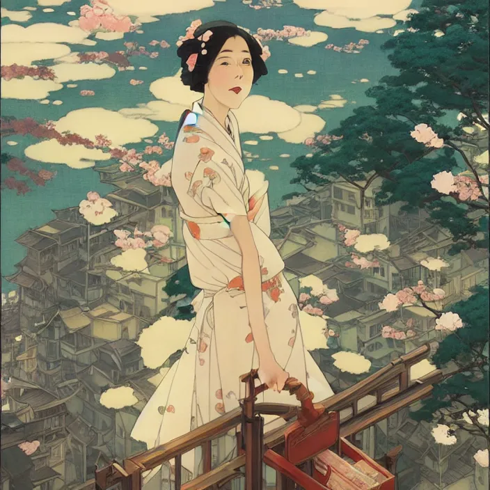 Image similar to japanese city, spring, in the style of studio ghibli, j. c. leyendecker, greg rutkowski, artem