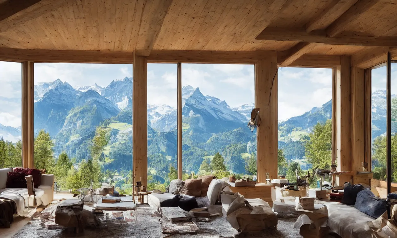 Image similar to fantastical living room with switzerland landscape in the window