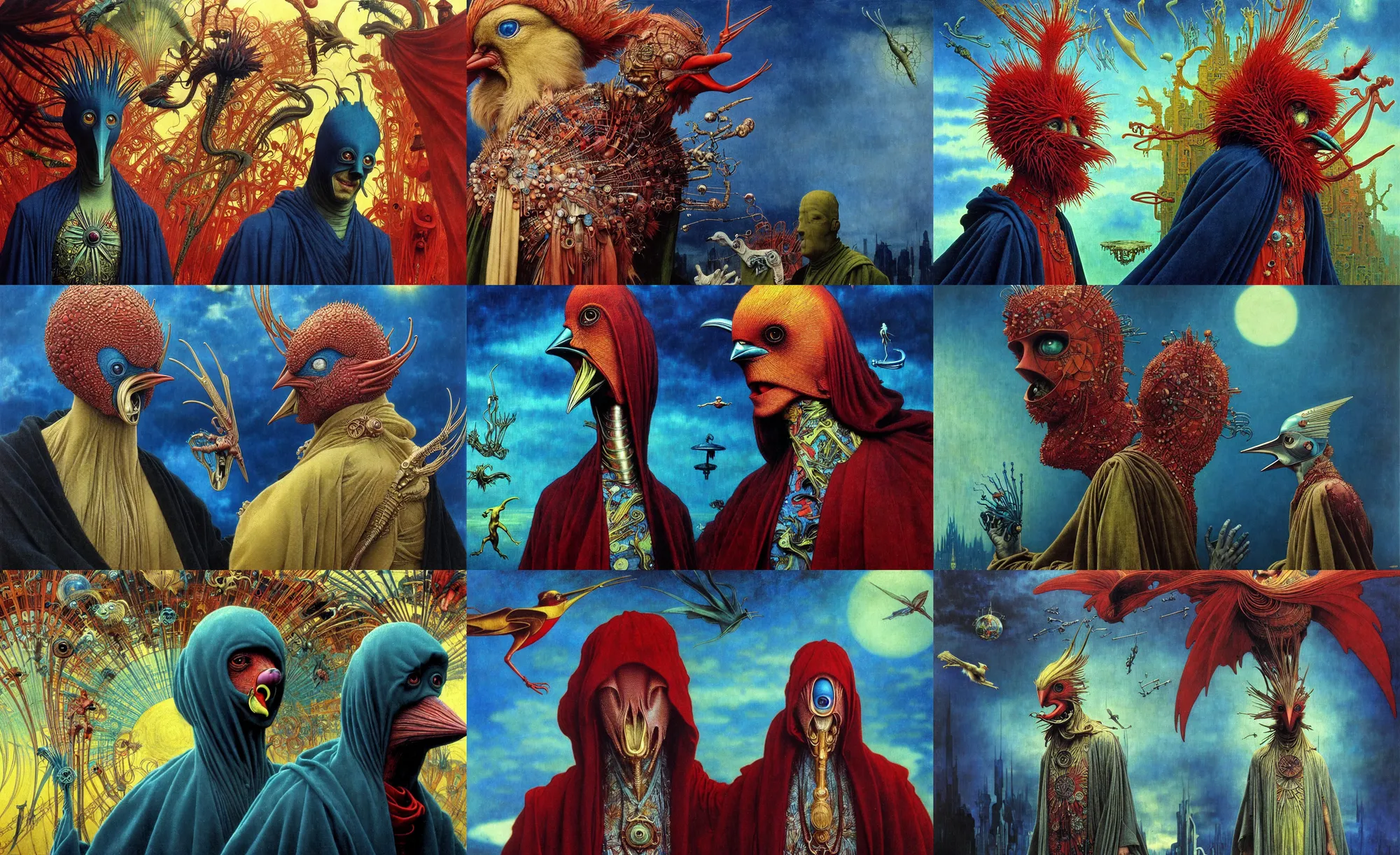 Prompt: realistic detailed portrait movie shot of a birdman wearing a dark robes, sci fi city landscape background by denis villeneuve, amano, yves tanguy, alphonse mucha, ernst haeckel, max ernst, roger dean, masterpiece, rich moody colours, dog teeth, blue eyes