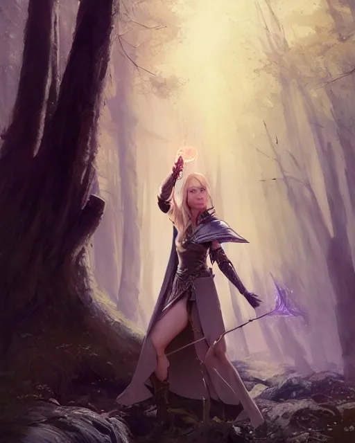 Image similar to blonde young sorceress with a cloak and leather tabard armor casting a spell in the forest, fantasy character portrait, ultra realistic, concept art, intricate details, highly detailed by ilya kuvshinov, greg rutkowski, gaston bussiere, craig mullins, simon bisley