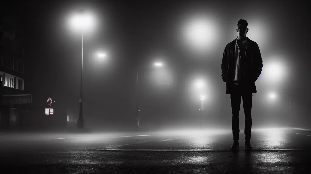 Image similar to full face portrait a man is standing on the street under the lights, fog, volumetric lighting, mystique, atmospheric, sharp focus, ultra detailed, noir art house, 4 k, cinematic, 3 5 mm