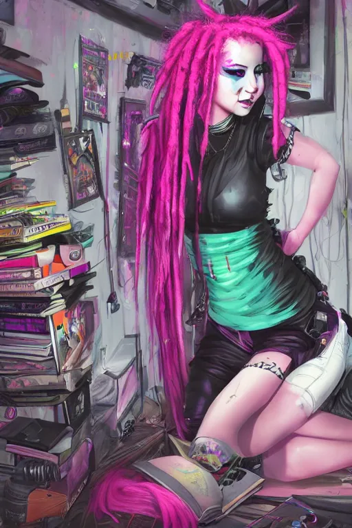 Prompt: portrait of a cybergoth girl with pink dreads reading a book on the floor of a cluttered 9 0 s bedroom, dynamic lighting, fantasy concept art, trending on art station, stunning visuals, creative, cinematic, ultra detailed,