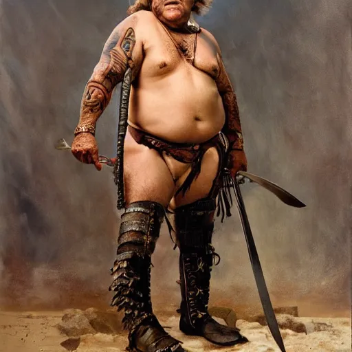 Prompt: danny devito as a barbarian warrior, full body, holding club, legendary warrior, leather straps, tattoos, piercings, fur and leather armor, beautiful, sharp detail, photo realism, robin eley, oil painting