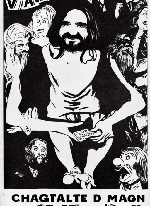 Image similar to vintage magazine advertisement depicting charles manson hosting the muppet show