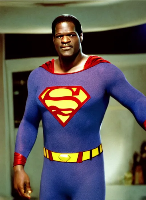 Prompt: film still of Shaquille O'Neal as Superman in Superman, 4k