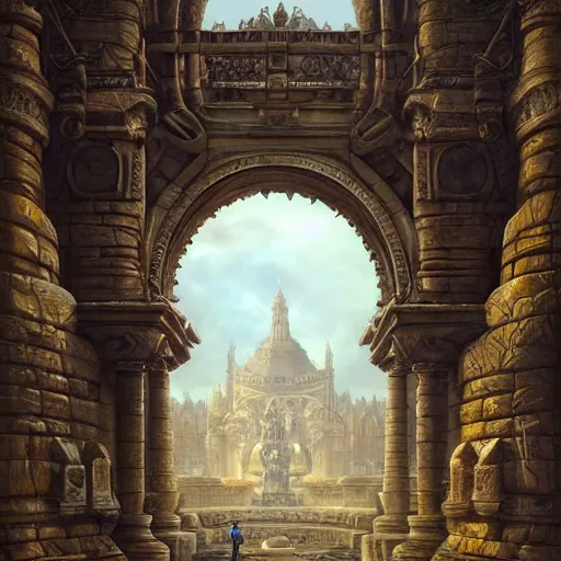 Prompt: carved futuristic gateway at the end of ancient ornate steps with a large wide window to a city which details the vast architectural scientific and cultural achievements of ancient humankind, complex composition, molecules and machines, renato muccillo, andreas rocha, jorge jacinto, damian kryzwonos, ede laszlo, artstation, digital art, cinematic blue and gold