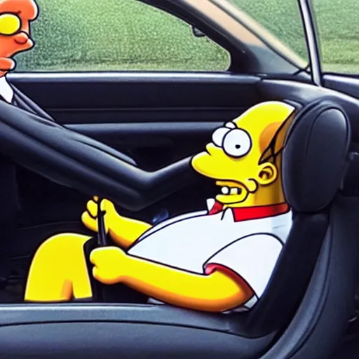 Image similar to Photo of excited Homer Simpson sitting in the driver seat of a LADA VAZ-1111