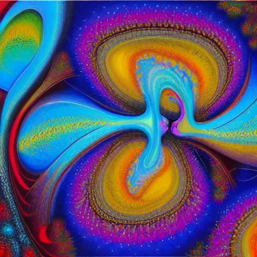 Image similar to love and the first law of thermodynamics, oil painting, fractal, vivid, psychedelic