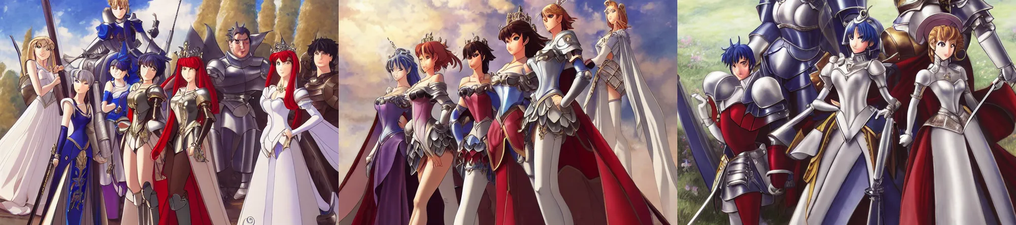 Prompt: close - up princesses posing together in armor at castle. by minako iwasaki, takashi takeuchi, yoshiyuki sadamoto, amagaitaro, makoto shinkai, krenz cushart, asao urata, pixiv