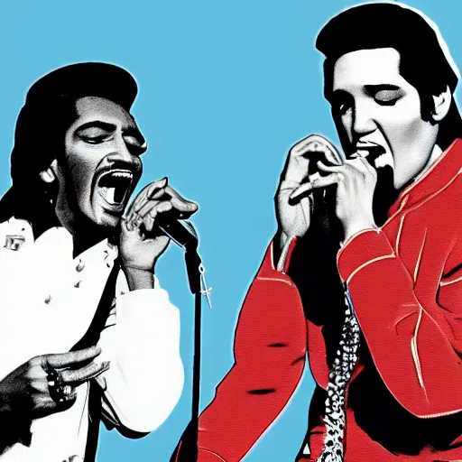 Image similar to elvis presley and snoop dog singing a duet one microphone, detailed, beautiful, colorful, black velvet painting, digital art