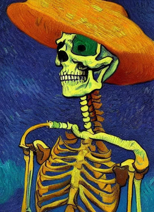 Prompt: a painted portrait of a rainbow skeleton smoking a cigarrette, by Vincent Van Gogh, artstation trending