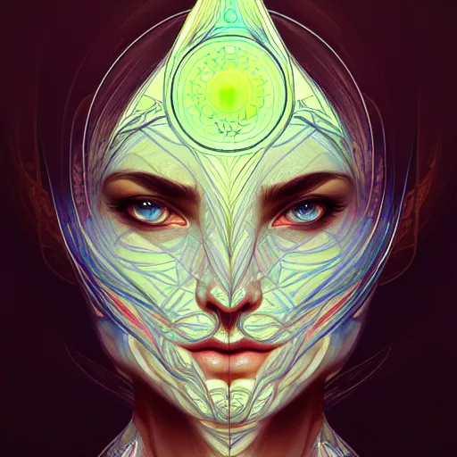 Image similar to Chakra Diagram Face, glowing lines, detailed, intricate, elegant, highly detailed, digital painting, artstation, concept art, smooth, sharp focus, illustration, art by Krenz Cushart and Artem Demura and alphonse mucha