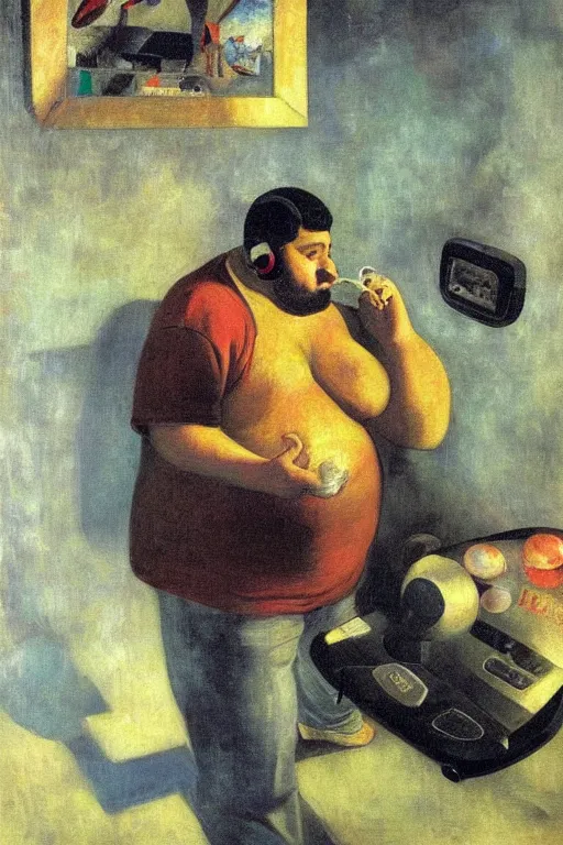 Image similar to portrait of a handsome chubby bearded Hispanic man, wearing headset and T-shirt, holding game controller, glowing with silver light, painting by Franz Marc, by Jean-Léon Gérôme, by Winsor McCay, today's featured photograph, 16K