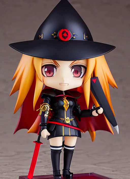 Image similar to nendoroid anime beautiful female witch with long blonde hair and a sword in her hands, red eyes, pretty symmetrical face, fullbody, black and red armor, magic, anime, nendoroid, magical, motes of light