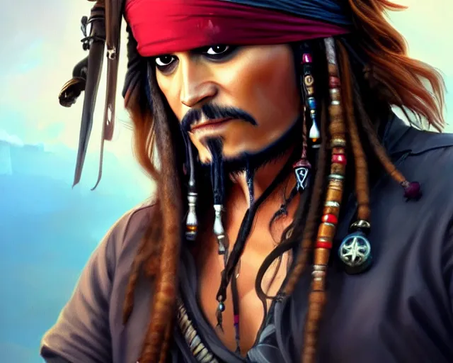 Prompt: captain jack sparrow with a smirk, photography of kurzgesagt, deep focus, d & d, fantasy, intricate, elegant, highly detailed, digital painting, artstation, concept art, matte, sharp focus, illustration, hearthstone, art by artgerm and greg rutkowski and alphonse mucha