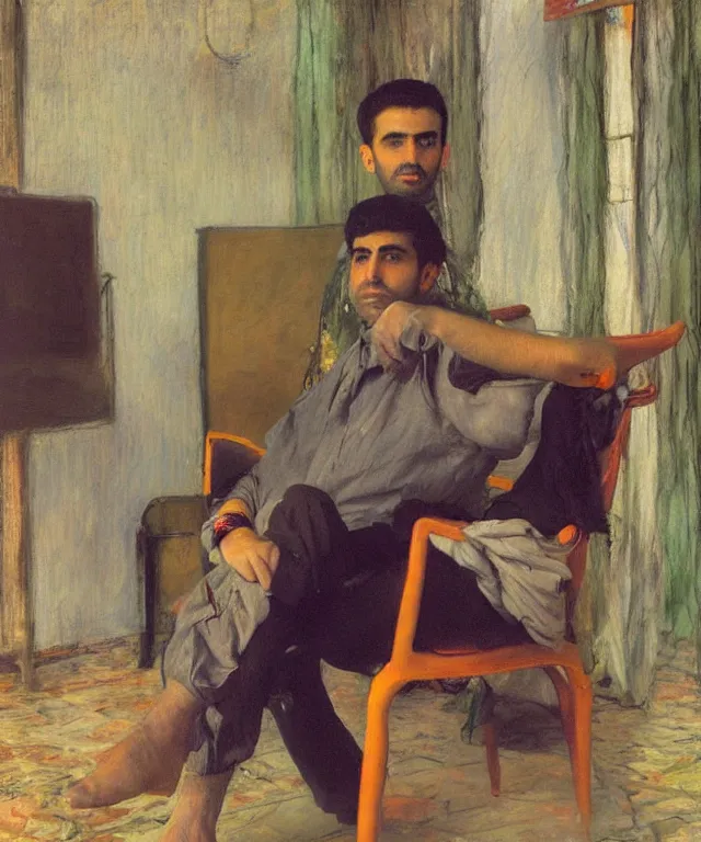 Prompt: a color photograph of persian young man in his workplace, by nan goldin, out of place, intense, bold, exaggerated, over proportion, painted over by mary cassatt, hyperrealistic, ultra sharp, extra details, ultra high quality,