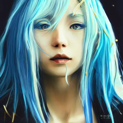 Image similar to side profile of rimuru tempest with sky blue hair, long hair, sharp face, gold eyes, high collar, black jacket | shiny, highly detailed, rain, professional digital painting, concept art, award - winning photography, cinematic, wlop | art by pixiv art, yoshitaka amano, junki ito