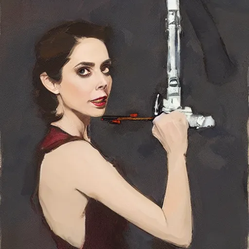 Prompt: alison brie wearing a tuxedo, holding a martini and a silenced pistol, intricate, elegant, highly detailed, greg manchess, mucha, liepke, ruan jia, jeffrey catherine jones, ridley scott