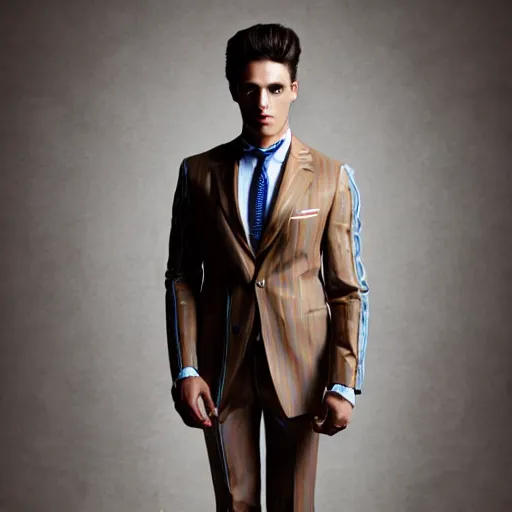 Image similar to male fashion model in year 2030 in new York, model wearing a fancy suit from Italy in beige with blue stripes, photography , fashion magazine editorial , highly detailed