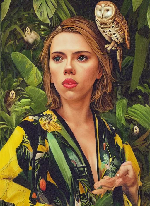 Prompt: grainy head to shoulder portrait Polaroid film photograph of Scarlett Johansson wearing a yellow kimono with a very detailed barn owl on her shoulder!!! in a tropical greenhouse. looking at the camera!!. super resolution. Extremely detailed. Polaroid 600 film. art by James Gurney.