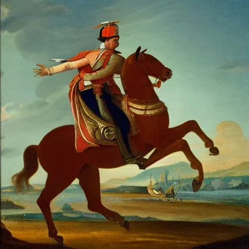 Prompt: a 1 8 th century painting of napoleon riding a horse with sunset in venice