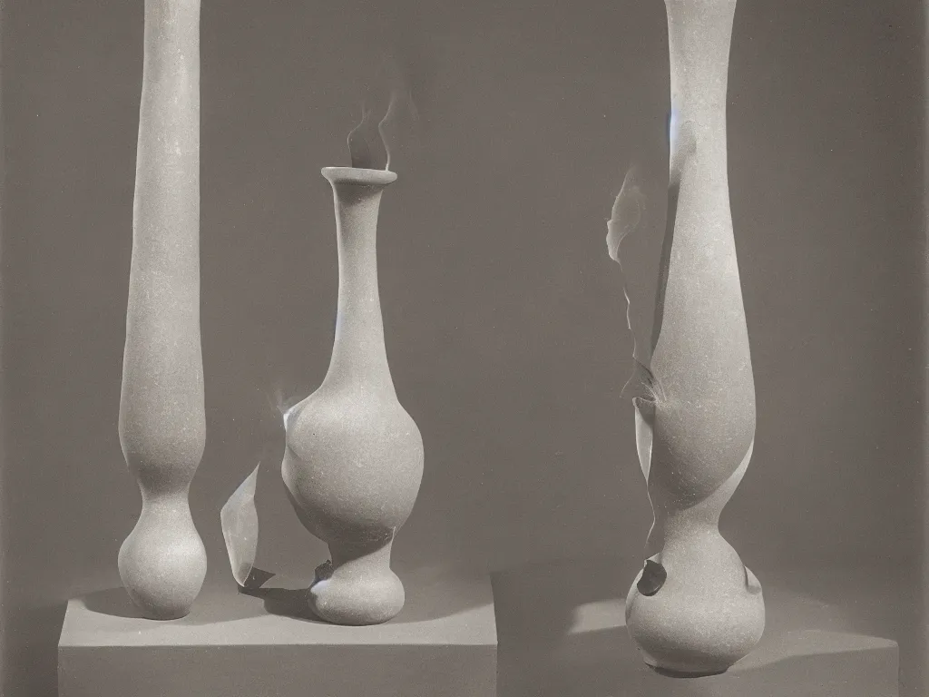 Prompt: flaming gothic stone vase, pot, jug in the shape of a shooting star. karl blossfeldt, salvador dali