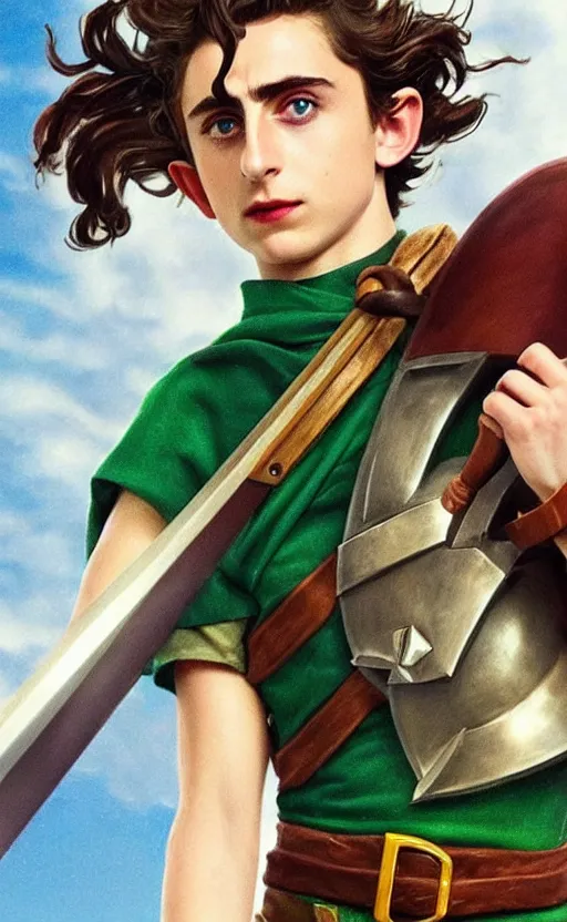 Prompt: Timothee Chalamet as Link from Legend of Zelda, elf ears, +++ super super super dynamic posing, j.c. leyendecker, Valentina Remenar, thick eyebrows, super serious facial expression, holding a sword & shield, ocarina of time