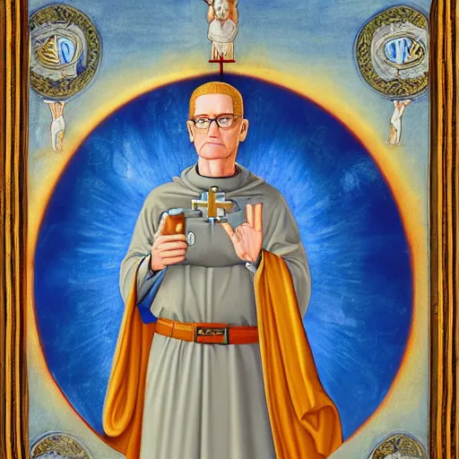 Prompt: hank hill as the saint of propane surrounded by blue fire, renaissance religious painting, painting by carlo crivelli, late gothic religious paintings, byzantine religious art, trending on artstation