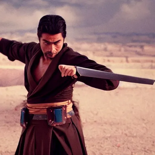 Image similar to handsome and strong kurdish samurai wielding a katana in a movie directed by christopher nolan, movie still frame, promotional image, imax 7 0 mm footage, perfect symmetrical facial features