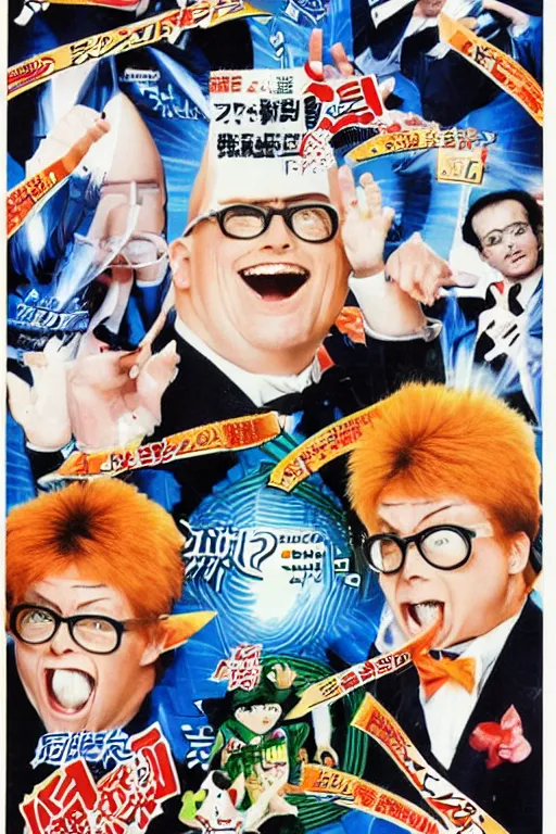 Prompt: coneheads austin powers japanese vhs cover art, detailed facial expressions