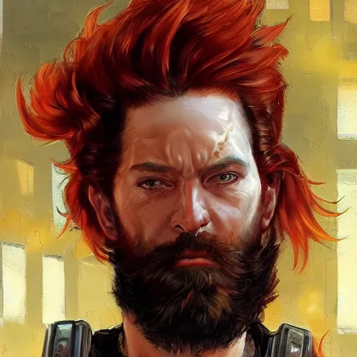 Image similar to a cyberpunk citizen with red hair and a beard, sci fi character portrait by Michael Garmash, Donato Giancola