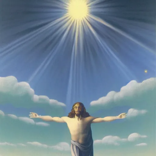 Image similar to very very detailed painting of jesus christ flying through space and time, radiating pure light, painted by rene magritte