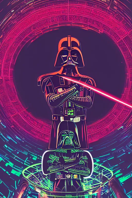 Prompt: closeup potrait of darth vader dj standing on a giant science fiction neon turntable at a astronaut rave, anti gravity, digital art, winning award masterpiece, fantastically beautiful, intricate, illustration, dan mumford, geof darrow, moebius, 8 k, octane, symmetrical