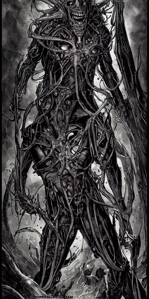 Image similar to A full body portrait of a new antihero character art by Marc Silvestri, Cedric Peyravernay and H.R. Giger, cosmic horror, ominous, mysterious