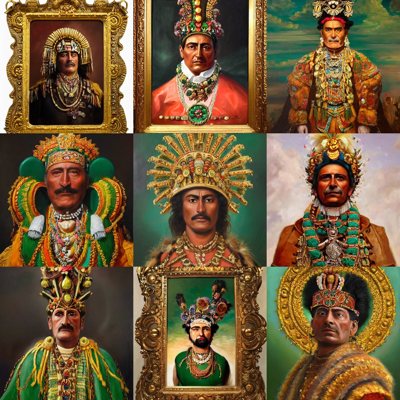 Prompt: a highly detailed romantic period style oil painting of the Aztec emperor Montezuma wearing an ornate jade & gold headdress by Josep Tapiró Baró, trending on artstation, masterpiece, symmetry