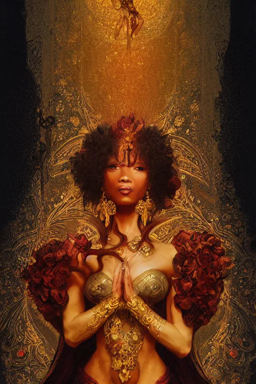 Image similar to tarot card artstation, portrait of a black love dancer, sunrise, baroque ornamnet and rococo ornament, ancient chinese ornate, hyperdetailed, beautiful lighting, craig mullins, mucha, klimt, yoshitaka amano, red and gold and orange color palatte