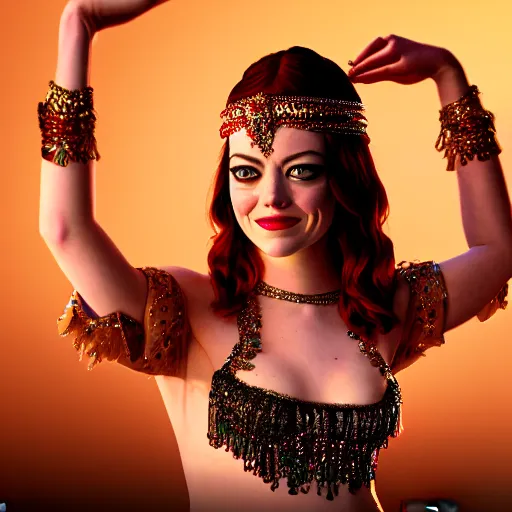 Image similar to a beautiful portrait of emma stone dressed as a belly dancer, arabian night, high quality, fully detailed, 4 k