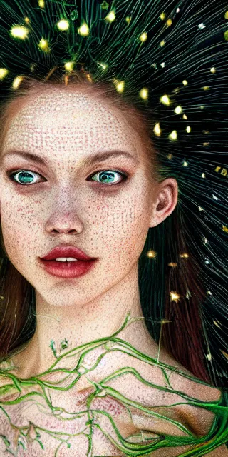 Image similar to fit woman, serene smile surrounded by golden firefly lights, amidst nature fully covered by a intricate detailed dress, long red hair, precise linework, accurate green eyes, small nose with freckles, smooth oval shape face, empathic, expressive emotions, spiritual scene, hyper realistic ultrafine art by artemisia gentileschi, jessica rossier, boris vallejo