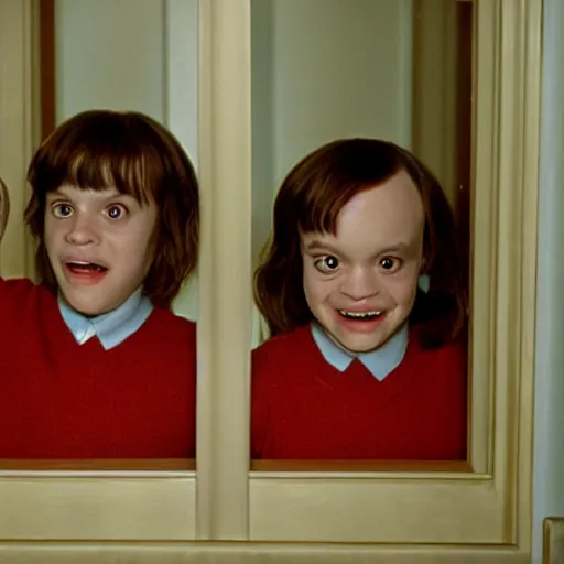 Image similar to the twins from the shining in the hallway waving to danny torrance 4 k photorealism