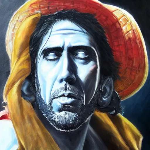 Image similar to nic cage as monkey d luffy, buff, painted portrait, highly detailed,