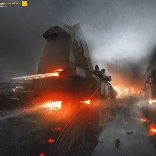 Image similar to semi futuristic trench warfare, war, explosions, heavy machine gun fire, flame and fire, unreal engine, octane render, cinematic, epic, rainy stormy night, chaotic, 8k, ultra detailed, Artstation, Trending on Artstation, Artstation HQ, Artstation HD, deviant art, Pinterest, digital art, reflections,