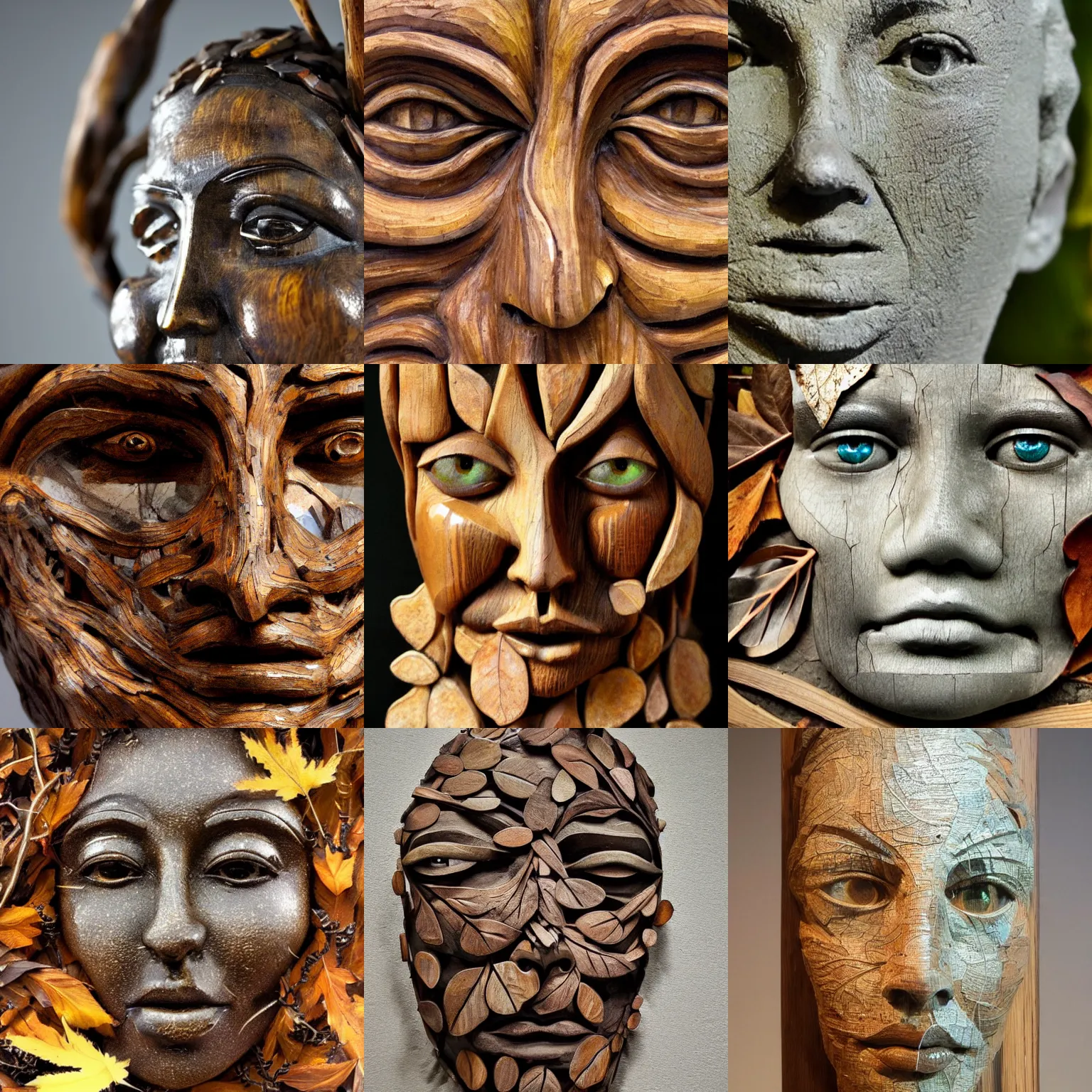 Prompt: a glass sculpture close up of a face with lots of wood and few leaves concept eclectic, high detail, award winning