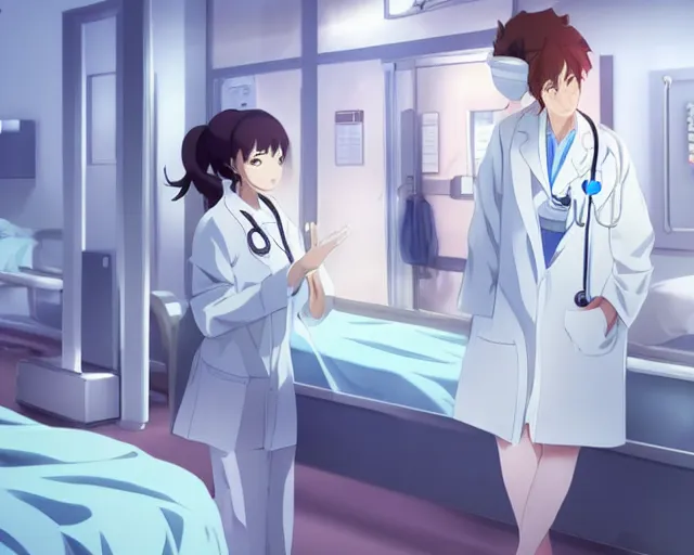 Image similar to a cute young female doctor wearing white coat are talking with a patient in a hospital, slice of life anime, lighting, anime scenery by Makoto shinkai