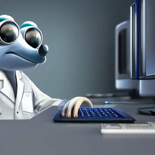 Image similar to An anthropomorphic grey dolphin in a white lab-coat playing games on a computer, digital painting, close-up, wearing a headset