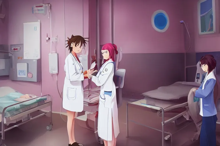 Image similar to a beautiful young female doctor wearing white coat are talking with a nurse wearing pink coat in a hospital ward, highly detailed, digital painting, slice of life anime, anime scenery by Makoto shinkai