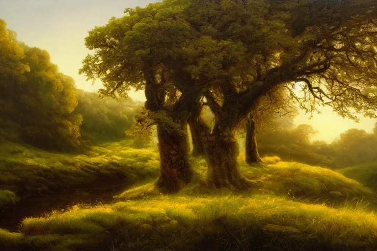 Image similar to masterpiece painting of oak trees on a hillside overlooking a creek, dramatic lighting, by mariusz lewandowski